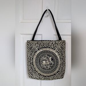 Vintage Tapestry Black and Cream Embroidered Tote Bag
